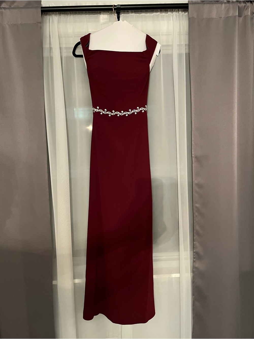 Dessy Collection Deep Burgundy Cap-Sleeve Maxi with Embellished Waist